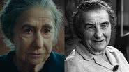 Golda Meir no filme 'Golda', interpretada por Helen Mirren, e fotografia da verdadeira antiga primeira-ministra de Israel - Reprodução/Vídeo/YouTube/@RottenTomatoesINDIE / Foto por Israel Press and Photo Agency pelo Wikimedia Commons