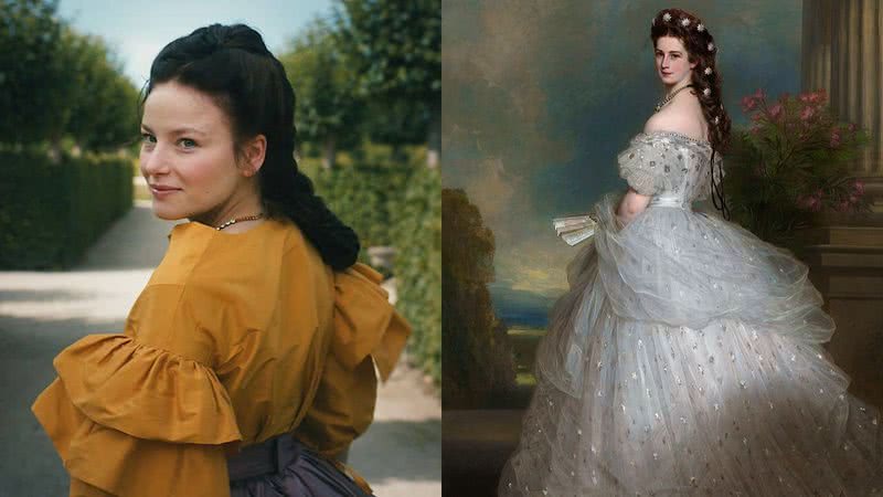 À esquerda, Devrim Lingnau como Sisi e, à direita, Sisi em pintura - Divulgação / Netflix e Franz Xaver Winterhalter, via Wikimedia Commons