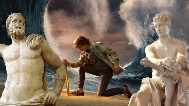 Imagem de 'Percy Jackson e os Olimpianos' e das estátuas de Poseidon e Ares - Divulgação/Disney+ /Gaux e Ricardo André Frantz