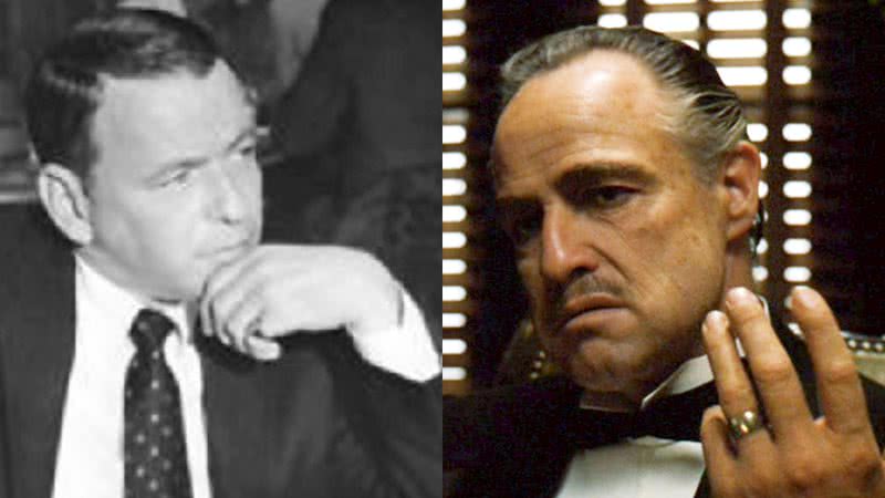 O cantor Frank Sinatra e o personagem Vito Corleone, interpretado por Marlon Brando em 'O Poderoso Chefão' (1972) - Domínio Público via Wikimedia Commons / Reprodução/Paramount Pictures