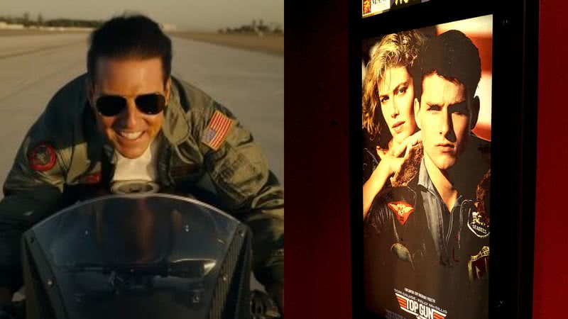 Tom Cruise no trailer de "Top Gun: Maverick" e pôster apresentado durante evento em Los Angeles, em 2010 - Reprodução Youtube / Paramount Brasil / Getty Images