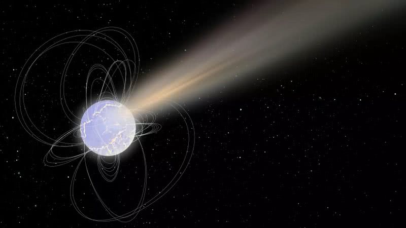 Ilustração da rajada de rádio partindo do magnetar - Divulgação/Agência Espacial Europeia (ESA)