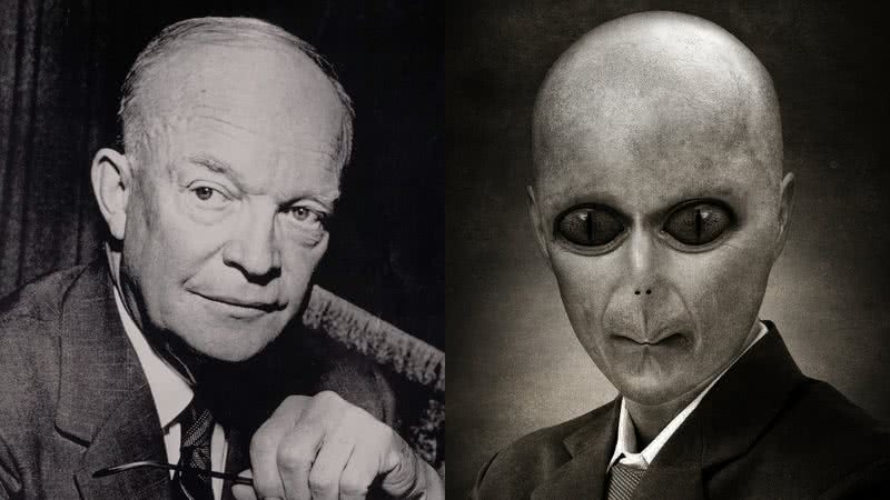 Dwight D. Eisenhower em montagem ao lado de foto ilustrativa de um alien de terno - Divulgação/Pixabay