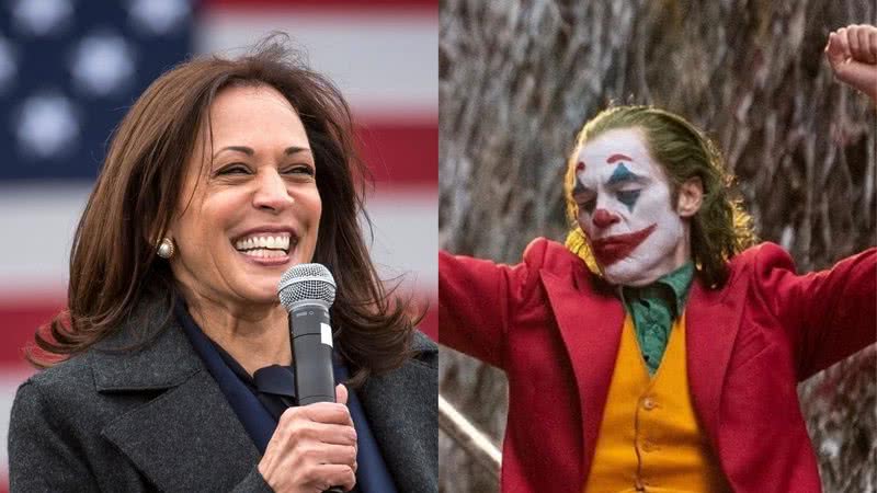 Montagem com fotografia de Kamala Harris e do personagem Coringa, no filme de 2019 - Getty Images/ Divulgação/DC Films