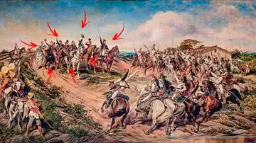 Quadro 'Independência ou Morte', de Pedro Américo, com setas apontando para personagem do artigo - Domínio Público via Wikimedia Commons