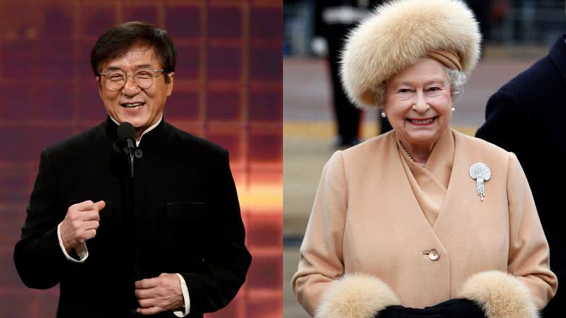 Retratos fotográficos de Jackie Chan (esq.) e Elizabeth II (dir.) - Getty Images