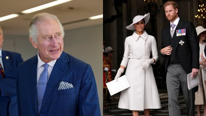 À esquerda, o rei Charles III e, à direita, Harry e Meghan Markle - Getty Images