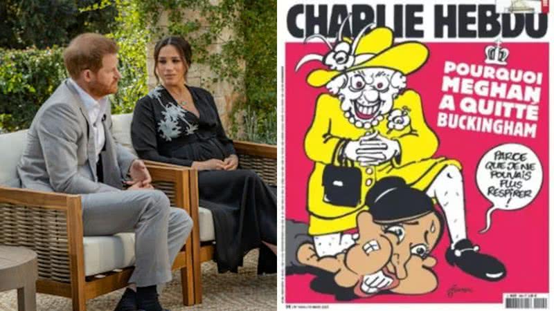 Harry e Meghan em entrevista (esq.) e ilustração publicada no Charlie Hebdo (dir.) - Getty Images (esq.) / Divulgação (dir.)