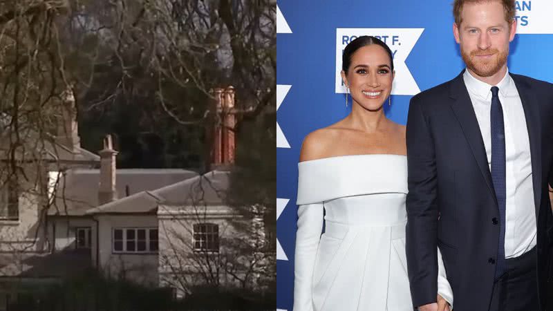 Á esquerda imagem da residência e á direita imagem de Harry e Meghan - Reprodução / Vídeo e Getty Images