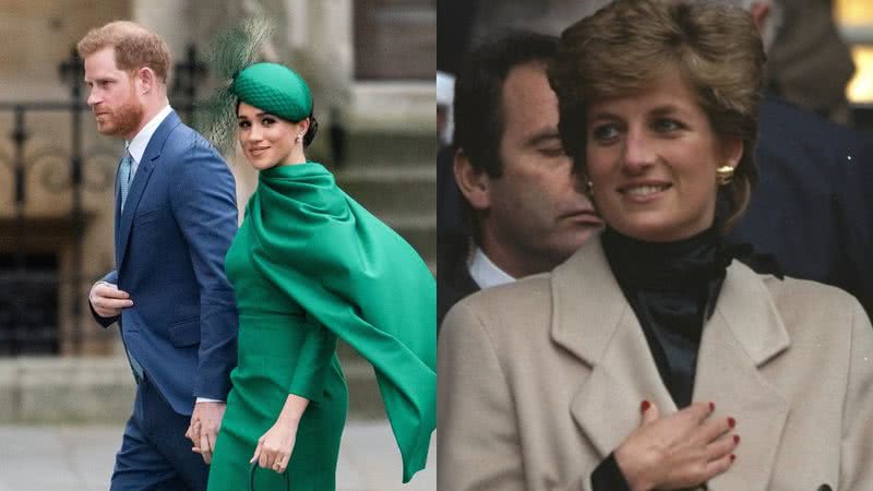 Montagem com fotografia de Meghan e Harry e Diana - Getty Images