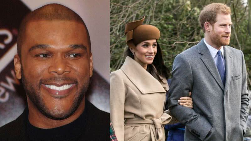 Tyler Perry (esq.) e Harry junto a Meghan (dir.) em montagem - Wikimedia Commons