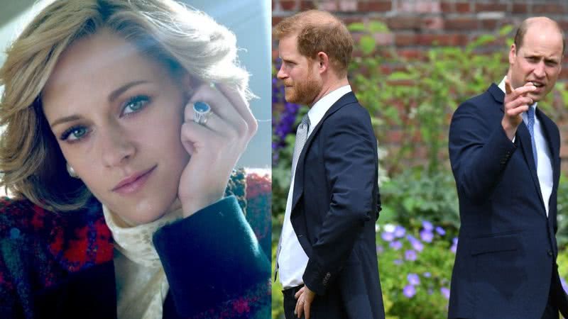 Kristen Stewart caracterizada como Lady Di e William e Harry em 2021 - Divulgação/Shoebox Films; Komplizen Film; Fabula; FilmNation Entertainment / Getty Images