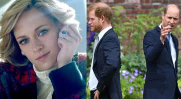 Kristen Stewart caracterizada como Lady Di e William e Harry em 2021 - Divulgação/Shoebox Films; Komplizen Film; Fabula; FilmNation Entertainment / Getty Images