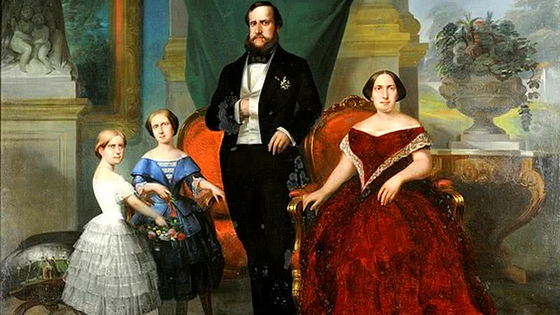 Dom Pedro II, Tereza Cristina e as filhas do casal em pintura oficial - Wikimedia Commons