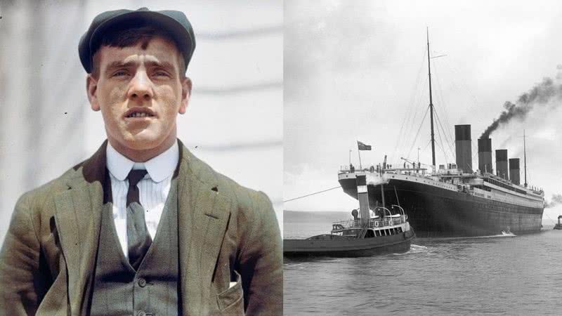 Uma fotografia do vigia, colorida digitalmente (à esq.) junto navio RMS Titanic (à dir.) - Wikimedia Commons / Dana Keller