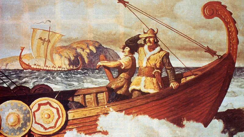 Ilustração de vikings em um barco - Getty Images