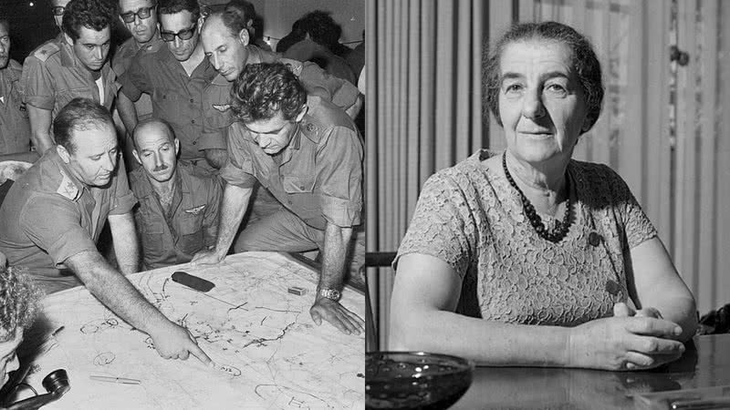 Comandantes Israelenses durante a Guerra do Yom Kippur e a ex-primeira-ministra de Israel, Golda Meir - Foto por Bamahane pelo Wikimedia Commons / Foto por Willem van de Poll pelo Wikimedia Commons