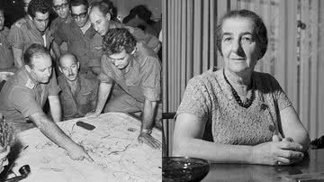 Comandantes Israelenses durante a Guerra do Yom Kippur e a ex-primeira-ministra de Israel, Golda Meir - Foto por Bamahane pelo Wikimedia Commons / Foto por Willem van de Poll pelo Wikimedia Commons