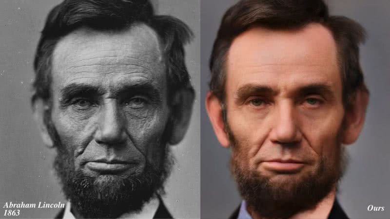 Fotografia em alta definição de Abraham Lincoln (direita) ao lado da imagem original - Divulgação/Time-Travel Rephotography