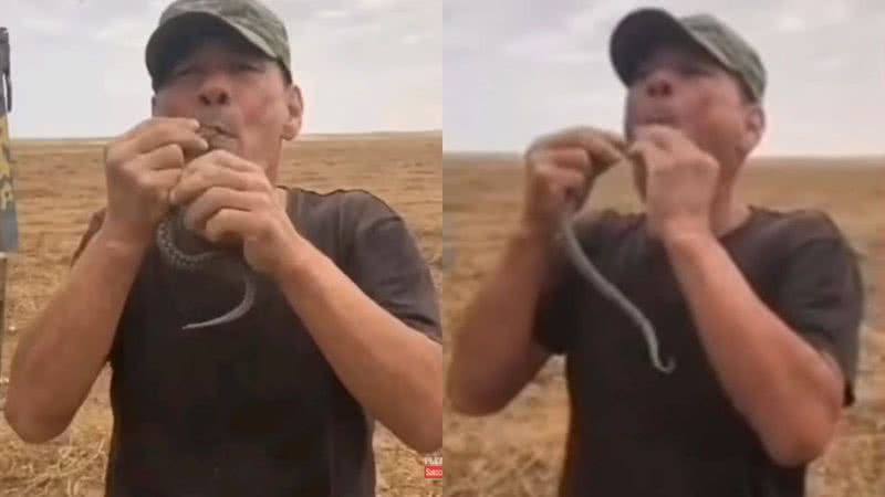 Imagens do agricultor russo com a cobra em mãos - Divulgação/ Youtube/ 3W Daily