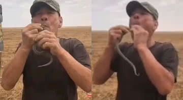 Imagens do agricultor russo com a cobra em mãos - Divulgação/ Youtube/ 3W Daily