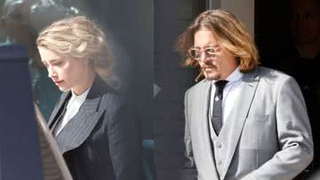 Montagem mostrando Amber Heard e Johnny Depp em suas respectivas saídas do tribunal - Getty Images