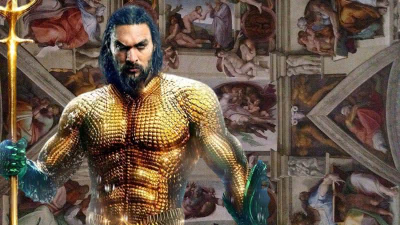 O ator Jason Momoa em "Aquaman" e montagem com a Capela Sistina - Divulgação/DC e Pixabay