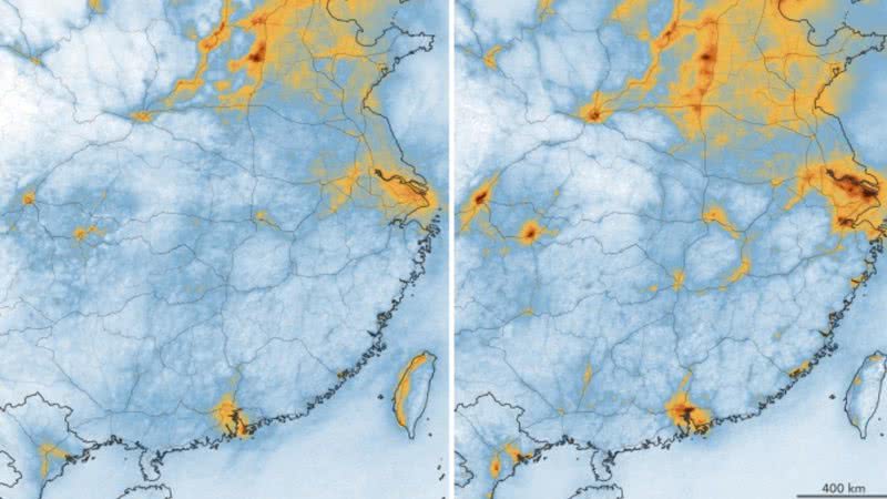 A esquerda, a presença de NO2 entre 10 e 25 de fevereiro e a direita, a presença do poluente em 20 de abril e 12 de maio - Nasa Earth Observatory