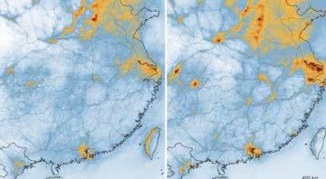 A esquerda, a presença de NO2 entre 10 e 25 de fevereiro e a direita, a presença do poluente em 20 de abril e 12 de maio - Nasa Earth Observatory