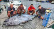 Pescadores com enorme atum-rabilho no mar de Gibraltar, na Espanha - Divulgação/Facebook/Kyle Cavilla