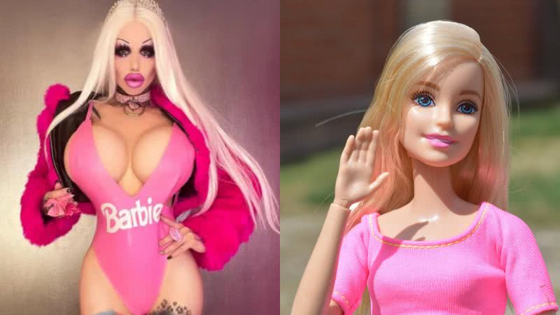 A tatuadora antes das transformações (esq.) e a boneca Barbie (dir.) - Reprodução / Redes Sociais e ErikaWittlieb, via Pixabay