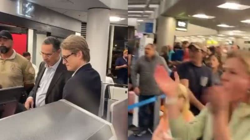 À esquerda imagem de Barroso em aeroporto e à direita imagem de brasileiros no local - Reprodução / Vídeo