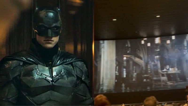 Robert Pattinson como Batman em “The Batman” (2022) e sala de cinema com morcegos nos EUA - Divulgação/Warner Bros. Pictures / Twitter/@Jeremiah24_