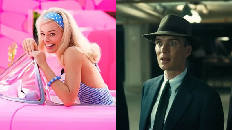 Margot Robbie durante as gravações do filme "Barbie" e Cillian Murphy como Robert Oppenheimer, respectivamente - Divulgação/Warner Bros. e Divulgação / Universal Pictures, respectivamente