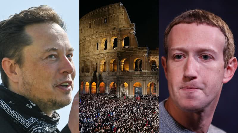 Elon Musk, Coliseu e Mark Zuckerberg, respectivamente - Getty Images