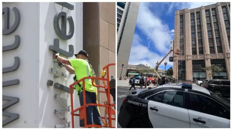 Momento em que trabalhadores retiravam o nome Twitter da placa na sede da empresa - Reprodução/Redes Sociais