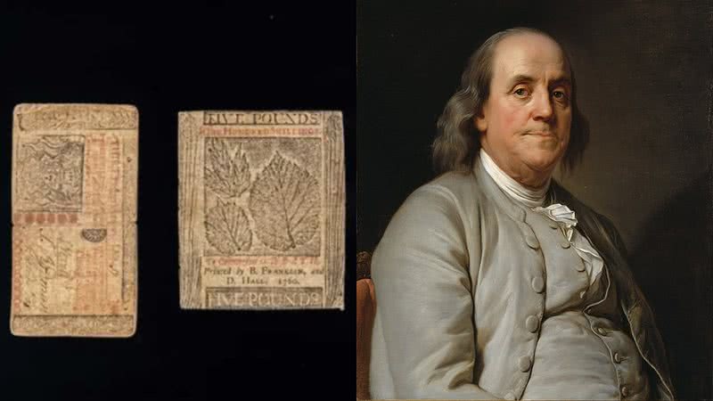 Colagem de Benjamin Franklin e das cédulas impressas por ele - Reprodução/Wikimedia Commons/Joseph-Siffred Duplessis - Divulgação/Universidade de Notre Dame