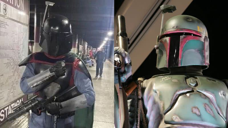 O homem fantasiado, confundido por atirador (esq.), e um cosplay de Boba Fett, o personagem de Star Wars (dir.) - Divulgação/Polícia de Trânsito de Massachusetts e Star Wars/Nicole Love/Creative Commons