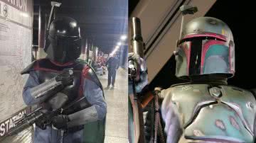 O homem fantasiado, confundido por atirador (esq.), e um cosplay de Boba Fett, o personagem de Star Wars (dir.) - Divulgação/Polícia de Trânsito de Massachusetts e Star Wars/Nicole Love/Creative Commons