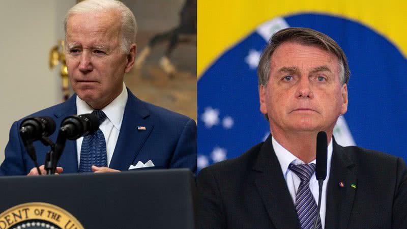 Montagem mostrando Joe Biden durante discurso de maio de 2022 sobre massacre escolar, e Bolsonaro durante evento político do mesmo mês - Getty Images