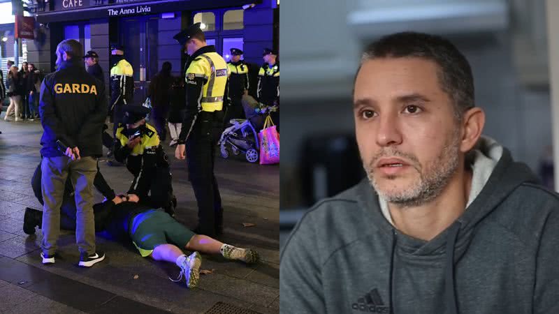 Policiais irlandeses detendo homem manifestação pela violência nas escolas no país e o brasileiro Caio Benício - Getty Images / Reprodução/Vídeo/YouTube/@irishmirroryt