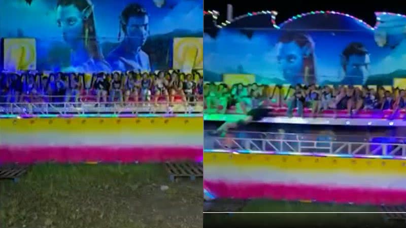 Imagens do brinquedo “Crazy Wave” e do momento do acidente - Reprodução/Vídeo/X/G1