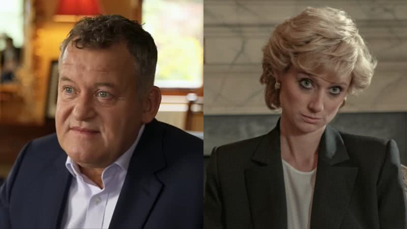 Paul Burrell e a princesa Diana, respectivamente - Reprodução/Vídeo/YouTube/The Mirror e Divulgação/Netflix