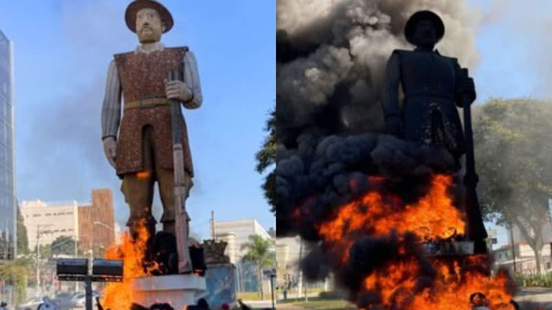 Imagens da estátua de Borba Gato incendiada - Reprodução / Redes sociais