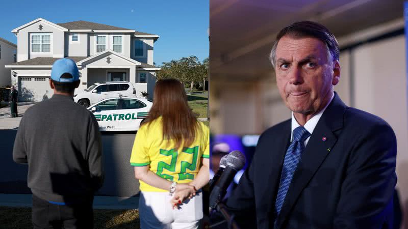 Á esquerda apoiadores de Bolsonaro em frente a casa onde ele está nos EUA e à direita imagem de Bolsonaro - Getty Images