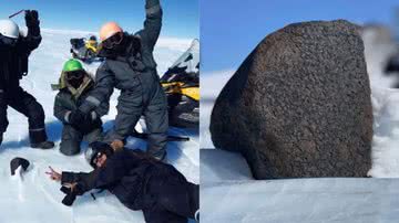 Á esquerda imagem de cientistas e à direita imagem de meteorito - Divulgação / Maria Valdés