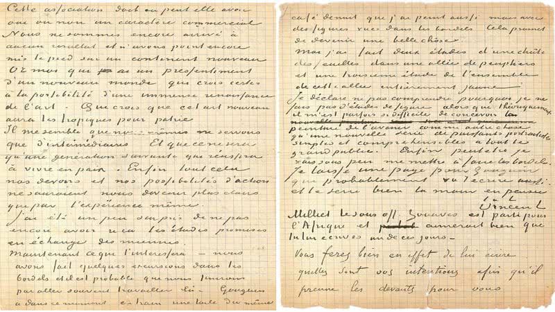 Duas páginas das cartas escritas por Van Gogh e Gauguin - Divulgação Drouot Estimations