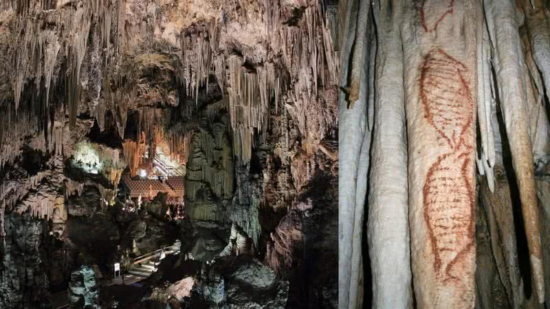 Imagem da caverna de Nerja e de uma das pinturas feitas nas paredes - Divulgação