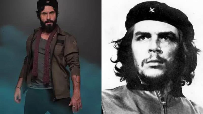 Fernando Marianno no papel de Che Guevara e retrato do real Che Guevara - Divulgação / Redes Sociais / @evitaopenair e WikiImages, via Pixabay