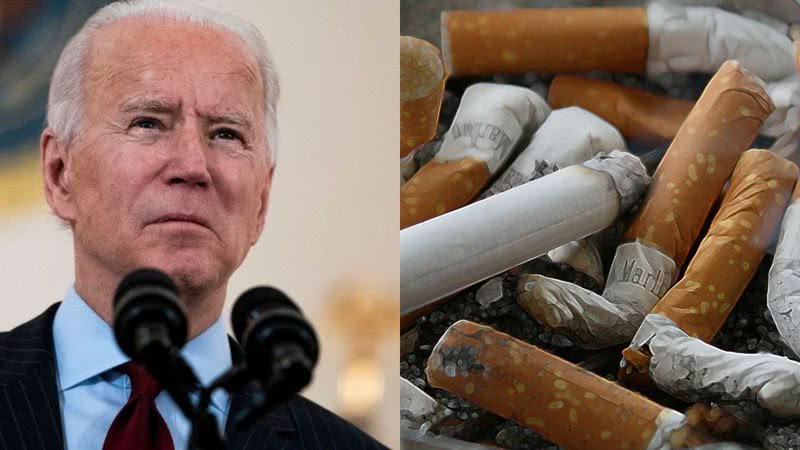 Fotografia de Joe Biden ao lado de uma imagem ilustrativa de cigarros - Getty Images / Divulgação/Pixabay